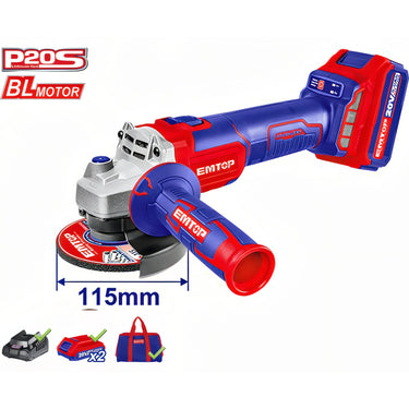 AMOLADORA 115MM M14 20V BRUSHLESS EMTOP P20S (CON 2xBAT 5,0Ah, CARGADOR, BOLSA Y 10xDISCO)